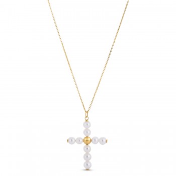 Freshwater Pearl Cross Pendant Necklace 14K Yellow Gold