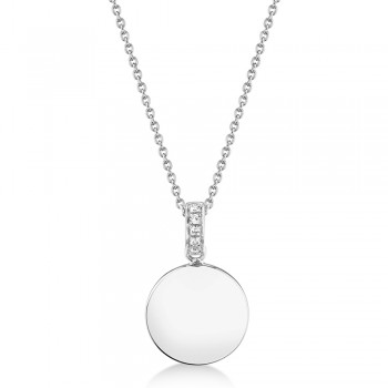 Diamond Accented Disc Pendant Necklace 14k White Gold (0.02ct)