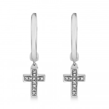 Diamond Accented Cross Drop Huggie Earrings 14k White Gold (0.04ct)