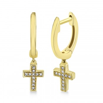 Diamond Accented Cross Drop Huggie Earrings 14k Yellow Gold (0.04ct)