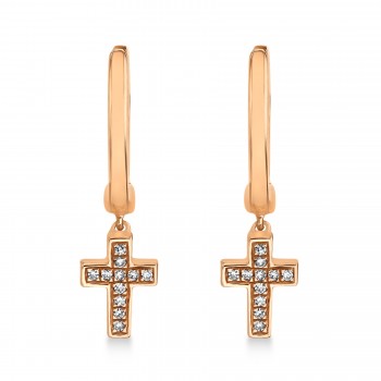 Diamond Accented Cross Drop Huggie Earrings 14k Rose Gold (0.04ct)