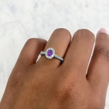 Oval Amethyst Solitaire & Diamond Engagement Ring 14K White Gold (0.54ct)