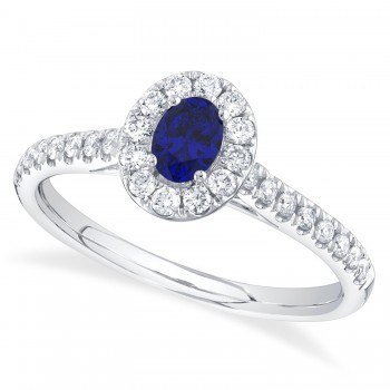 Oval Blue Sapphire Solitaire & Diamond Engagement Ring 14K White Gold (0.67ct)