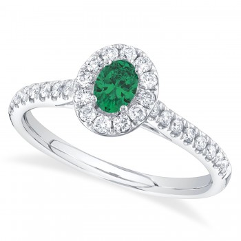 Oval Emerald Solitaire & Diamond Engagement Ring 14K White Gold (0.57ct)