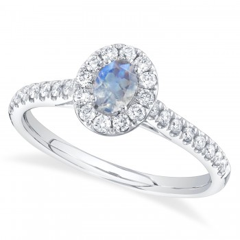 Oval Moonstone & Diamond Engagement Ring 14K White Gold (0.57ct