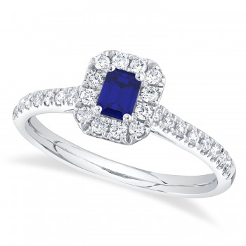 Emerald Cut Blue Sapphire & Diamond Engagement Ring 14K White Gold (0.70ct)