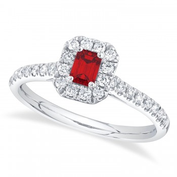 Emerald Cut Ruby & Diamond Engagement Ring 14K White Gold (0.68ct)