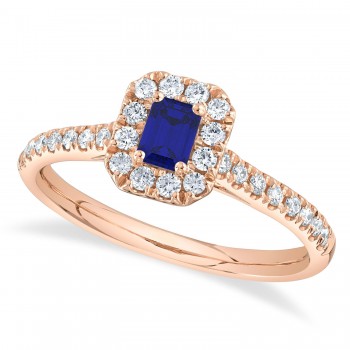 Emerald Cut Blue Sapphire & Diamond Engagement Ring 14K Rose Gold (0.70ct)