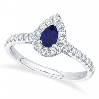 Pear Cut Blue Sapphire & Diamond Engagement Ring 14K White Gold (0.62ct)