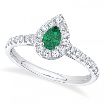 Pear Cut Emerald  & Diamond Engagement Ring 14K White Gold (0.53ct