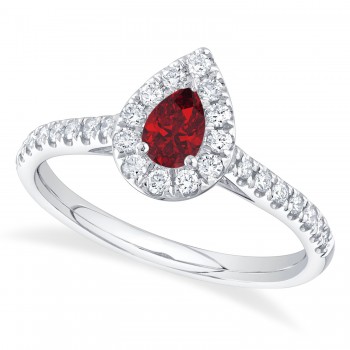 Pear Cut Ruby & Diamond Engagement Ring 14K White Gold (0.59ct)