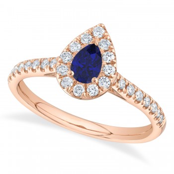 Pear Cut Blue Sapphire & Diamond Engagement Ring 14K Rose Gold (0.62ct)