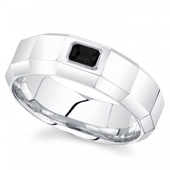 Emerald Cut Black Lab Diamond Mens Wedding Ring Band 14K White Gold (0.32ct)