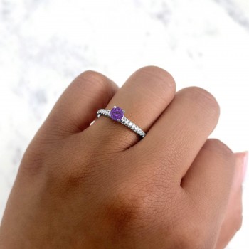 Round Amethyst Solitaire & Diamond Engagement Ring 14K White Gold (0.67ct)