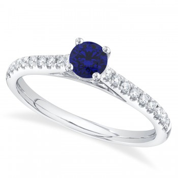 Round Blue Sapphire Solitaire & Diamond Engagement Ring 14K White Gold (0.79ct)