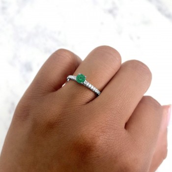 Round Emerald Solitaire & Diamond Engagement Ring 14K White Gold (0.66ct)
