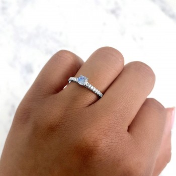 Round Moonstone & Diamond Engagement Ring 14K White Gold (0.59ct)