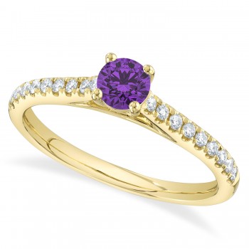 Round Amethyst Solitaire & Diamond Engagement Ring 14K Yellow Gold (0.67ct)