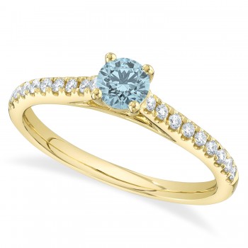 Round Aquamarine Solitaire & Diamond Engagement Ring 14K Yellow Gold (0.64ct)