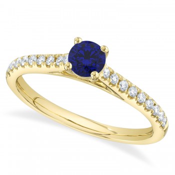 Round Blue Sapphire Solitaire & Diamond Engagement Ring 14K Yellow Gold (0.79ct)