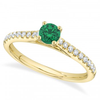 Round Emerald Solitaire & Diamond Engagement Ring 14 Yellow Gold (0.66ct)