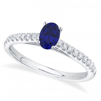 Oval Blue Sapphire Solitaire & Diamond Engagement Ring 14K White Gold (0.67ct)