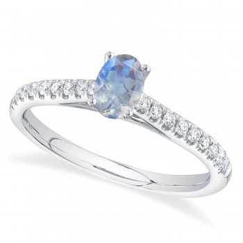 Oval Moonstone & Diamond Engagement Ring 14K White Gold (0.59ct)