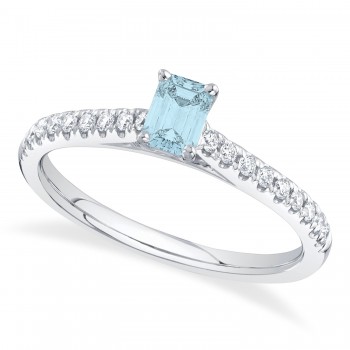 Emerald-Cut Aquamarine & Diamond Engagement Ring 14K White Gold (0.69ct)