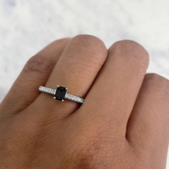 Emerald-Cut Black Diamond Engagement Ring 14K White Gold (0.59ct)