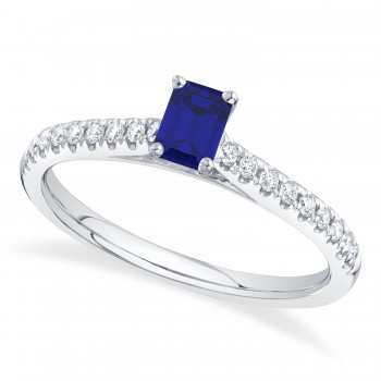 Emerald Cut Blue Sapphire & Diamond Engagement Ring 14K White Gold (0.94ct)