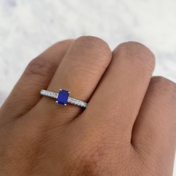 Emerald Cut Blue Sapphire & Diamond Engagement Ring 14K White Gold (0.94ct)