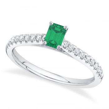 Emerald  & Diamond Accented Engagement Ring 14K White Gold (0.75t)