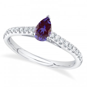 Pear Lab Alexandrite Solitaire & Diamond Engagement Ring 14K White Gold (0.69ct)