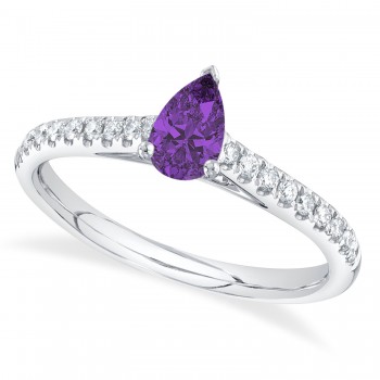 Pear Amethyst Solitare & Diamond Engagement Ring 14K White Gold (0.56ct)