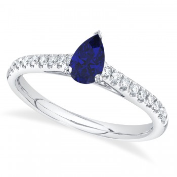 Pear Blue Sapphire Solitaire & Diamond Engagement Ring 14K White Gold (0.64ct)