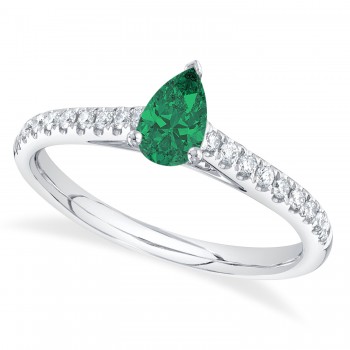 Pear Emerald Solitaire & Diamond Engagement Ring 14K White Gold (0.59ct)