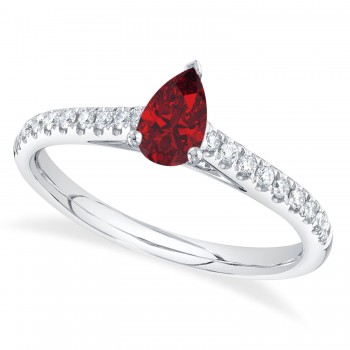 Pear Ruby Solitaire & Diamond Engagement Ring 14K White Gold (0.68ct)