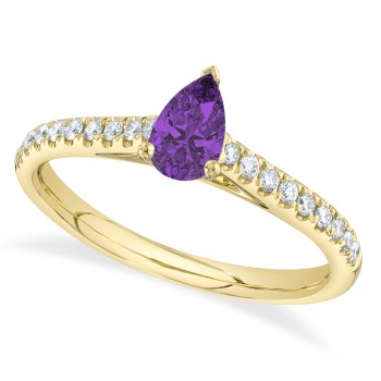Pear Amethyst Solitare & Diamond Engagement Ring 14K Yellow Gold (0.56ct)