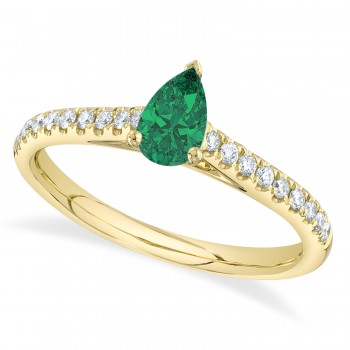 Pear Emerald Solitaire & Diamond Engagement Ring 14K Yellow Gold (0.59ct)