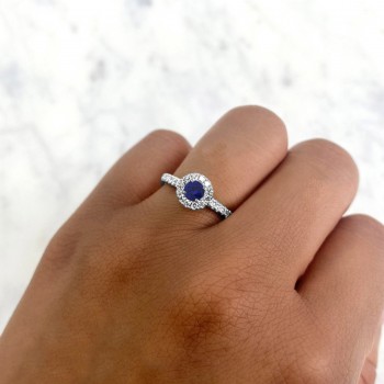 Round Blue Sapphire Solitaire & Diamond Engagement Ring 14K White Gold (0.67ct)