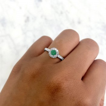 Round Emerald Solitaire & Diamond Engagement Ring 14K White Gold (0.57ct)