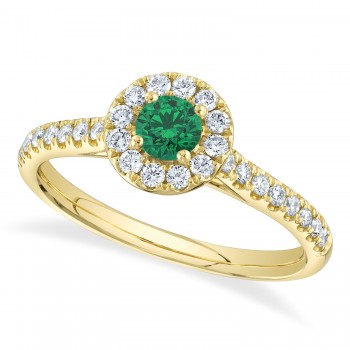 Round Emerald Solitaire & Diamond Engagement Ring 14 Yellow Gold (0.57ct)