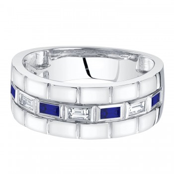Baguette Lab Grown Sapphire & Diamond Mens Wedding Ring Band 14K White Gold (0.57ct)