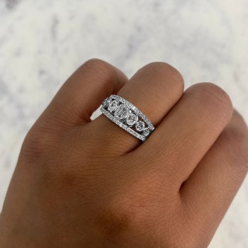 Diamond Emerald & Round Bezel Setting Wedding Ring 14K White Gold(1.25ct)