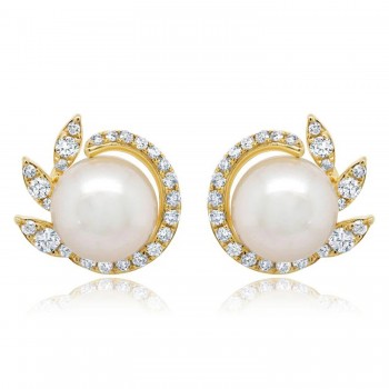 Diamond & Cultured Pearl Stud Earrings 14K Yellow Gold (0.42ct)