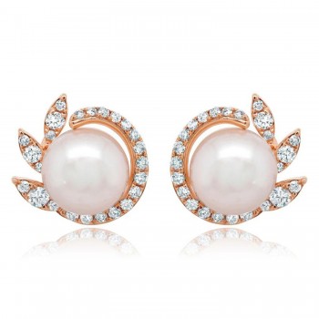 Diamond & Cultured Pearl Stud Earrings 14K Rose Gold (0.42ct)