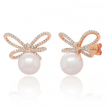 Diamond & Cultured Pearl Bow Stud Earrings 14K Rose Gold (0.47ct)