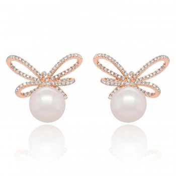 Diamond & Cultured Pearl Bow Stud Earrings 14K Rose Gold (0.47ct)