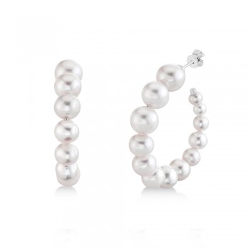 Graduated Cultured Pearl Hoop Earrings 14k White Gold