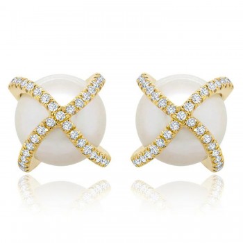 Diamond & Cultured Pearl Crisscross Stud Earrings 14K Yellow Gold (0.21ct)